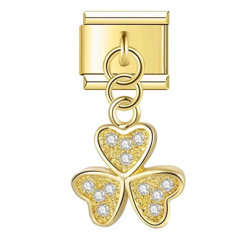 3-Leaf Clover in Gold with Stones, on Gold - Charms Official