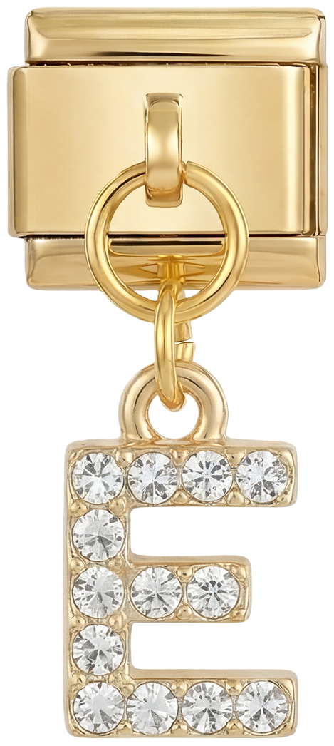 Letter E with stones, Hanging, on Gold - Letter-E-with-stones-hanging-on-gold.png