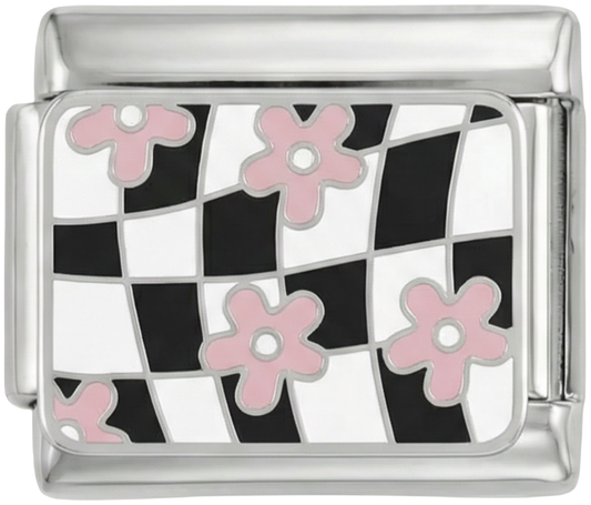 Black & White Checkers with Pink Flowers on Silver - black-white-checkers-with-pink-flowers-on-silver.png