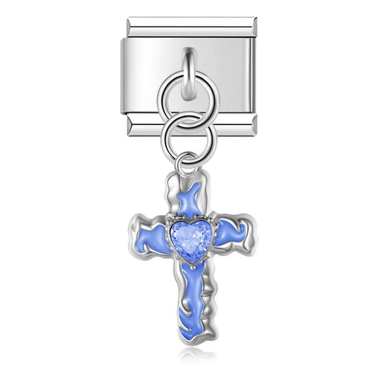 Blue Cross with Heart, on Silver - Charms Official
