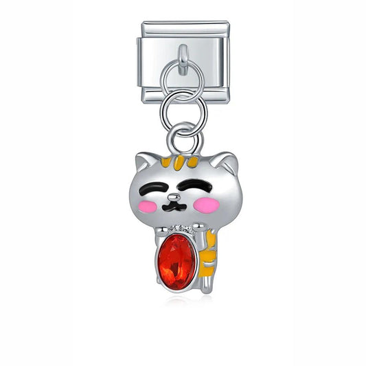Cat with its Red Stone , on Silver - Charms Official