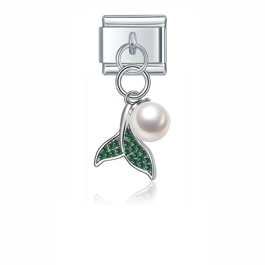 Dolphin Tail with Green Stones, on Silver - Charms Official