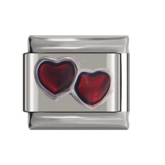 Double Heart, Red Stones, on Silver - Charms Official