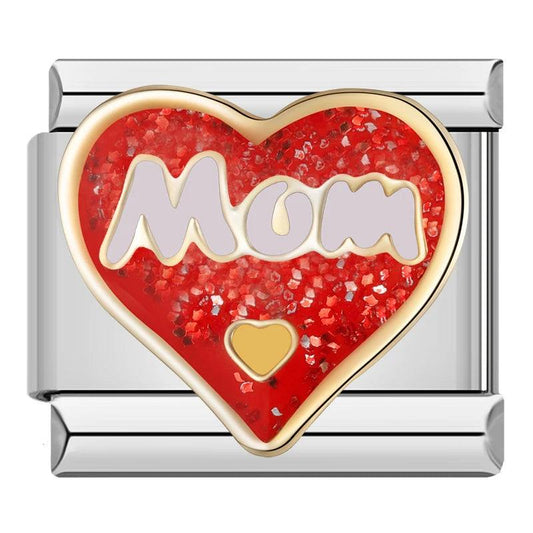 Glittery Red Heart, Mom, on Silver - Charms Official