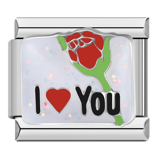 Glittery White Plate, I Love You, Whole Red Rose - Charms Official