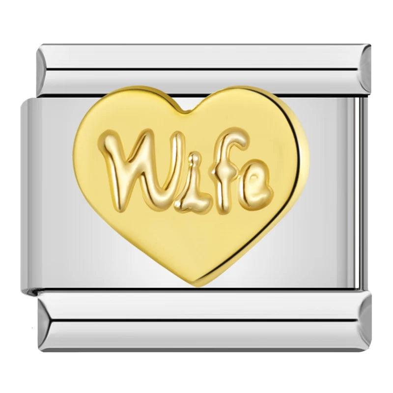 Heart, Love my Wife, in Gold on Silver - Charms Official