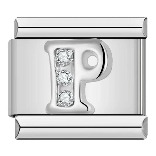 Letter P with Stones, on Silver - Charms Official