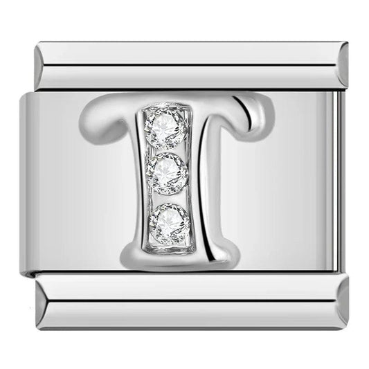 Letter T with Stones, on Silver - Charms Official