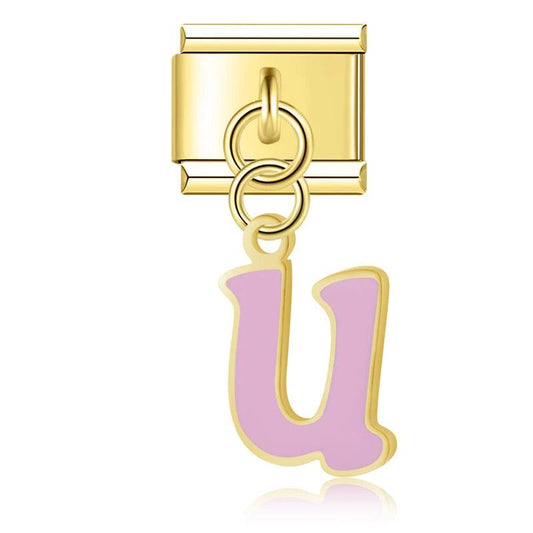 Letter U in Pink, on Gold - Charms Official