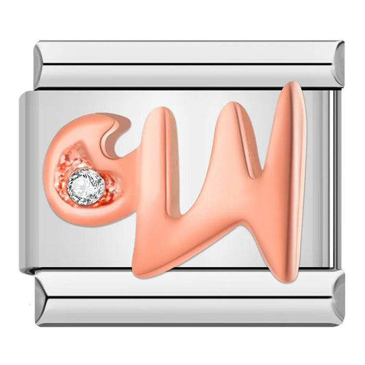 Letter W in Rose Gold with Stones, on Silver - Charms Official