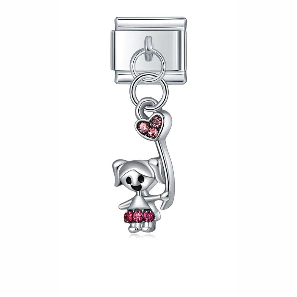 Little Girl and her Heart Balloon with Stones, on Silver - Charms Official