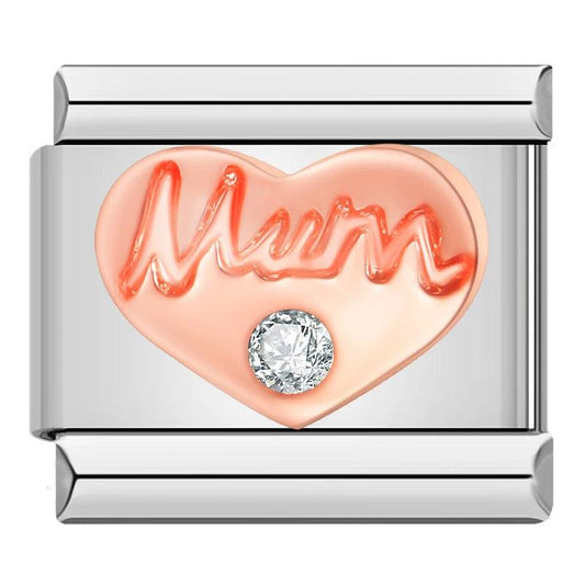 Love Mum Heart in Rose Gold with White Stone, on Silver - Charms Official