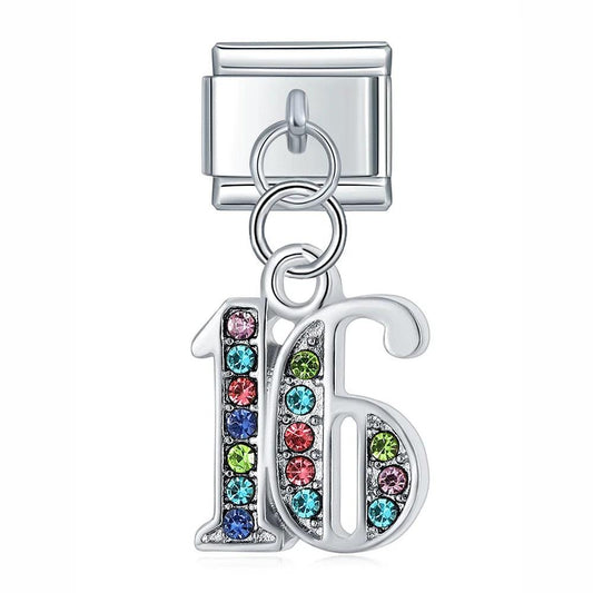 Number 16 with Multicolor Stones, on Silver - Charms Official