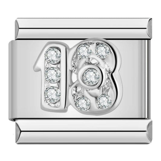 Number 18 in Silver and White Stones - Charms Official