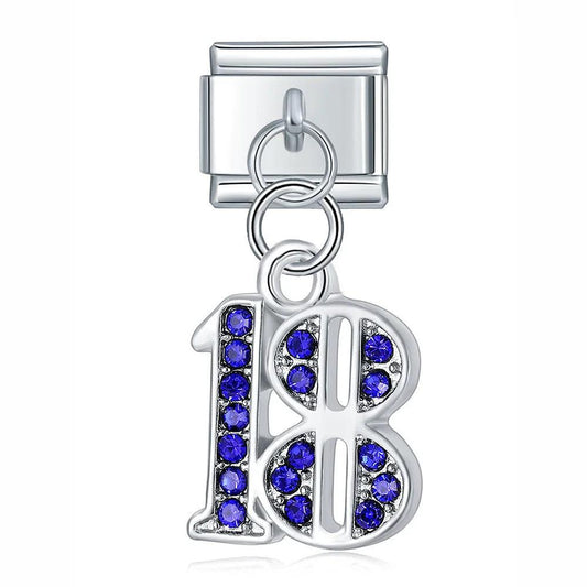 Number 18 with Blue Stones, on Silver - Charms Official