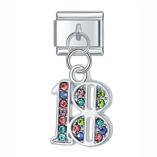 Number 18 with Multicolor Stones, on Silver - Charms Official