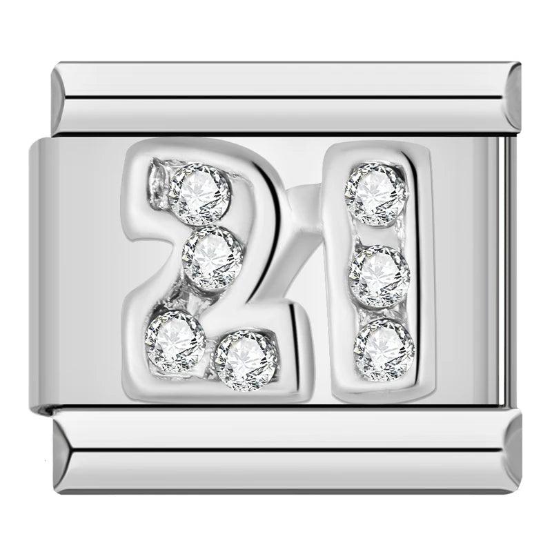 Number 21 in Silver and White Stones - Charms Official