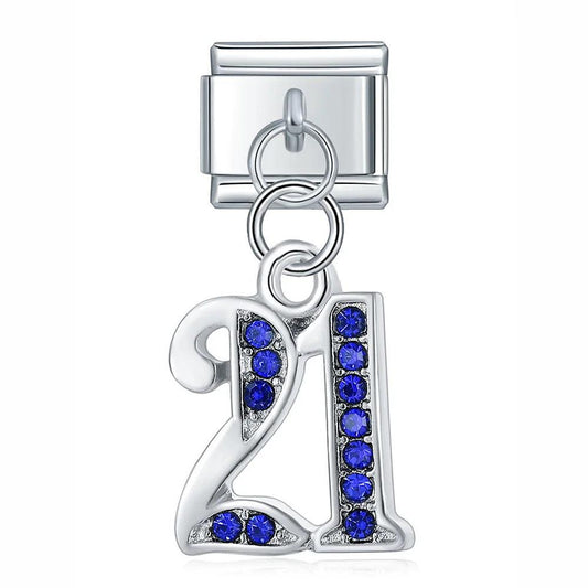 Number 21 with Blue Stones, on Silver - Charms Official
