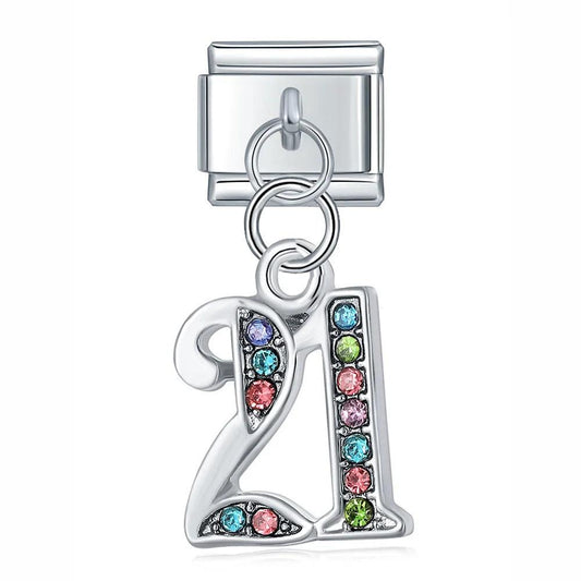 Number 21 with Multicolor Stones, on Silver - Charms Official