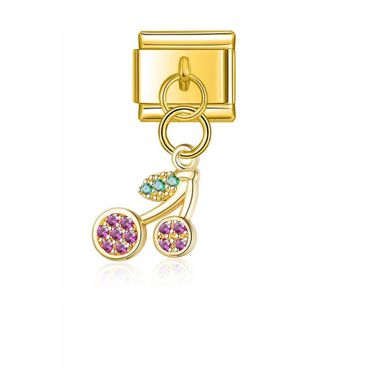 Pair of Cherries with Stones, Hanging, on Gold - Charms Official