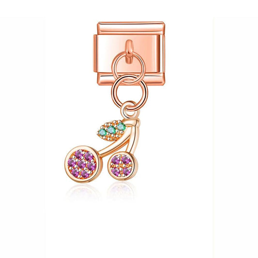 Pair of Cherries with Stones, Hanging, on Rose Gold - Charms Official