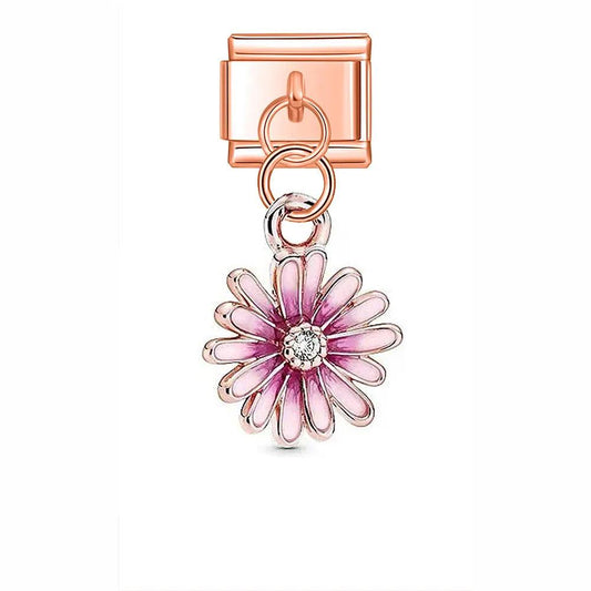 Pink Daisy with Stone, on Rose Gold - Charms Official