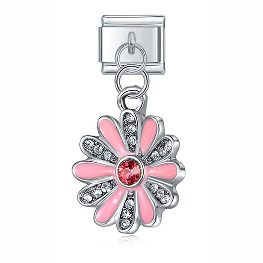 Pink Flower with Stones, on Silver - Charms Official