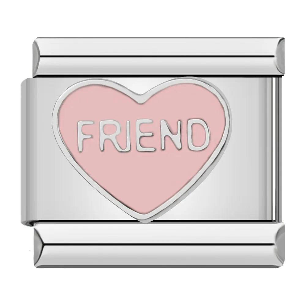 Pink Heart, FRIEND, on silver - Charms Official