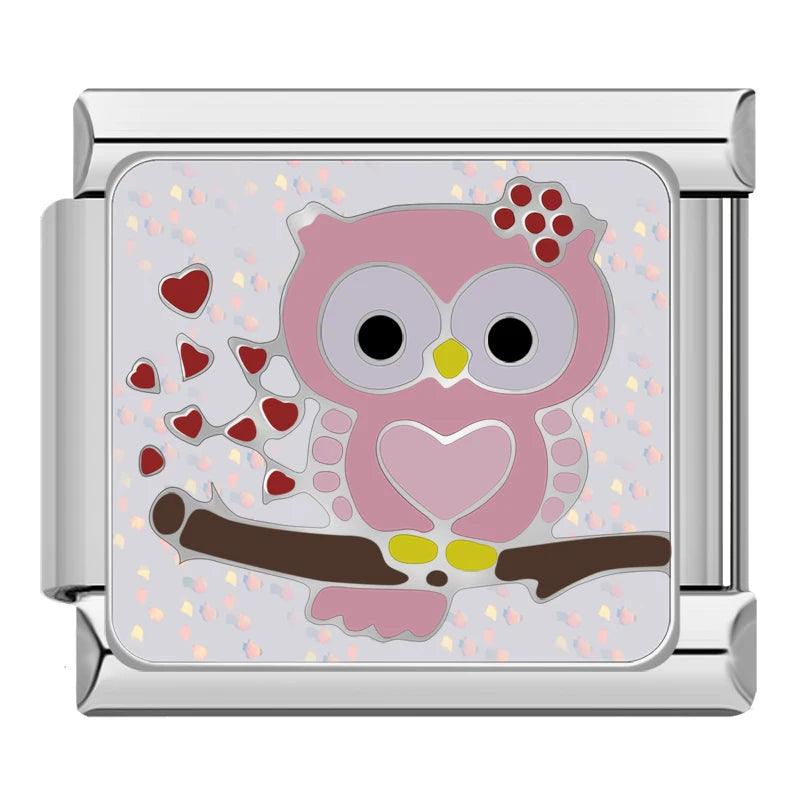 Pink Owl on Branch, on Silver - Charms Official