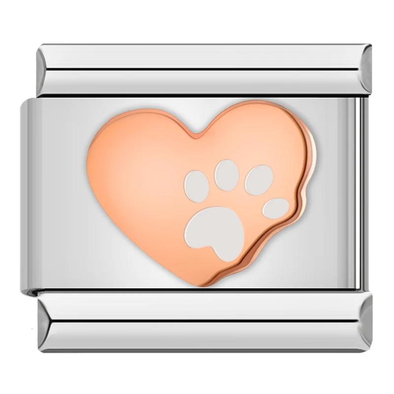 Rose Gold Heart with White Silver Cat Paw - Charms Official