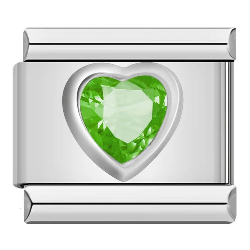Silver Heart with Green Stone, on Silver - Charms Official