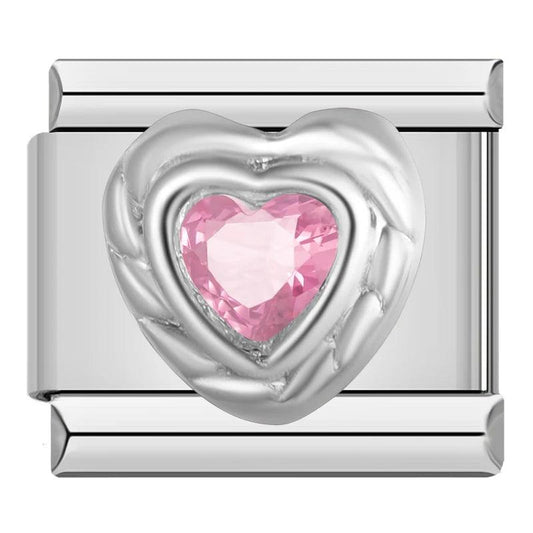 Silver Heart with Large Pink Stone, on Silver - Charms Official