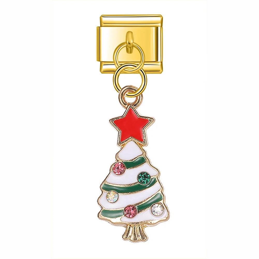 Snowy Christmas Tree, Green and Gold, and Its Multicolor Stone - Charms Official