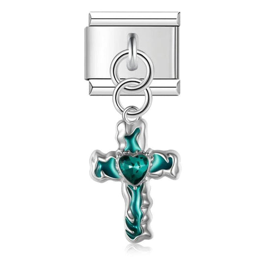Turquoise Cross with Heart, on Silver - Charms Official
