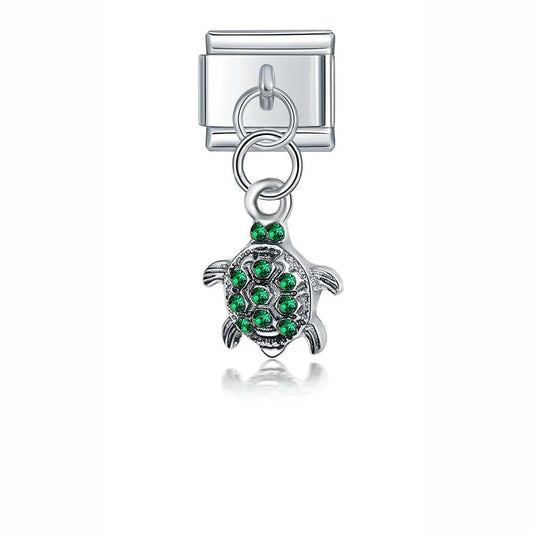 Turtle with Green Stones, on Silver - Charms Official